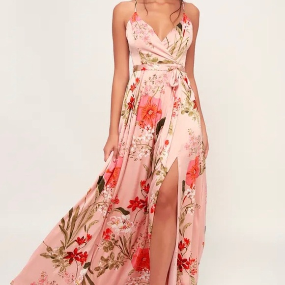 Lulus Dresses & Skirts - LULU’S Still the One Dress Blush Pink Small Floral Satin Maxi Prom Wedding